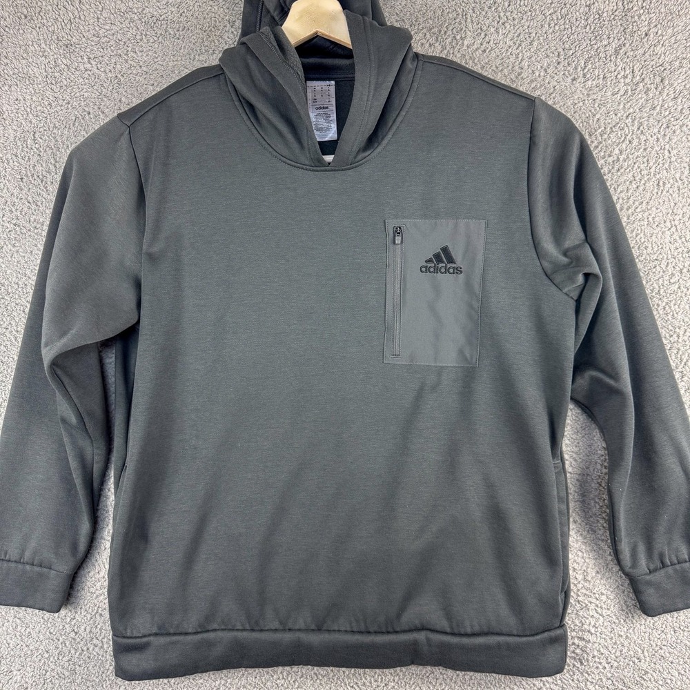 Adidas Pullover Hoodie Mens XL Gray Zip Pocket Athletic Sweatshirt IY3369‎